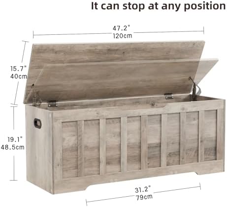 vankiley 47.2" storage chest extra large,wooden storage bench(greige). shown in use