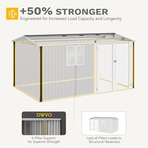 dwvo 12x8 ft outdoor storage shed, metal w/lock on a desk or shelf