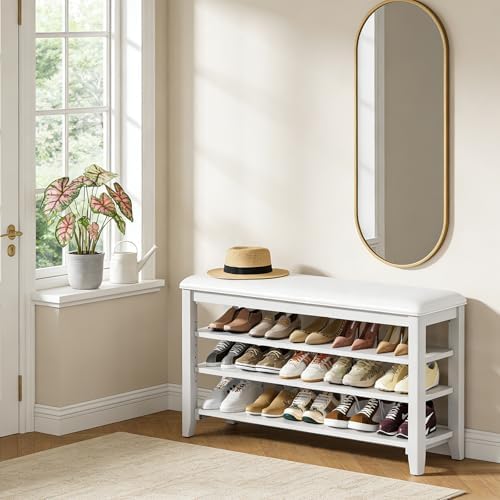 taitiy shoe bench with 3 tier adjustable shelves shown in use