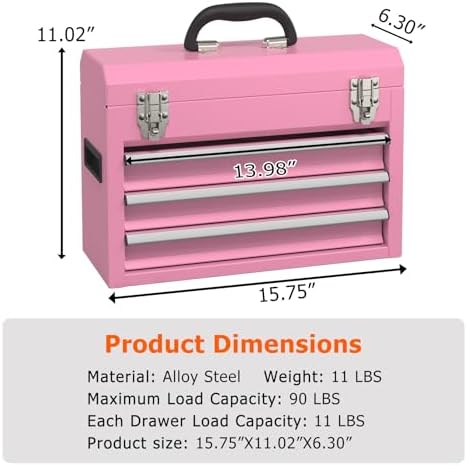portable metal tool box with drawers, latches tool shown in use