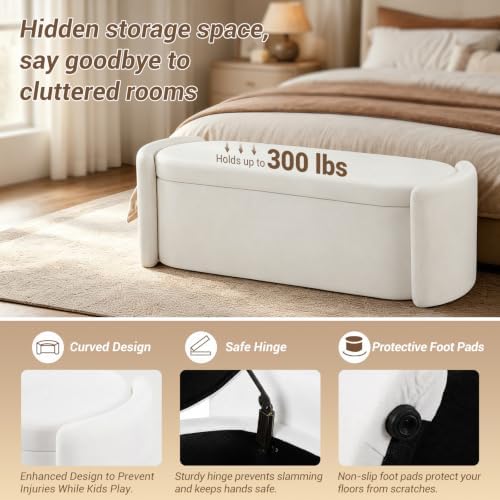 storage bench,storage bench with cushion,white 48.8", side view