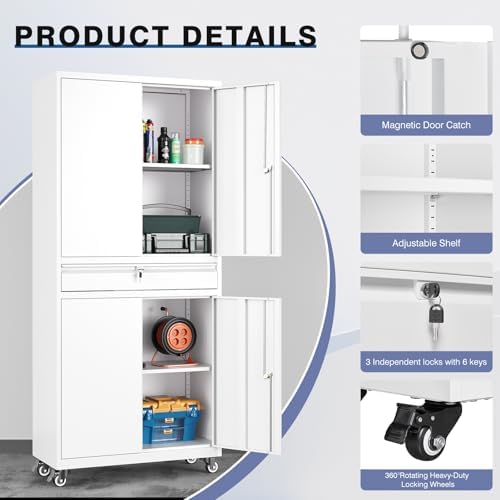 73" metal garage storage cabinet with wheels， rolling, side view