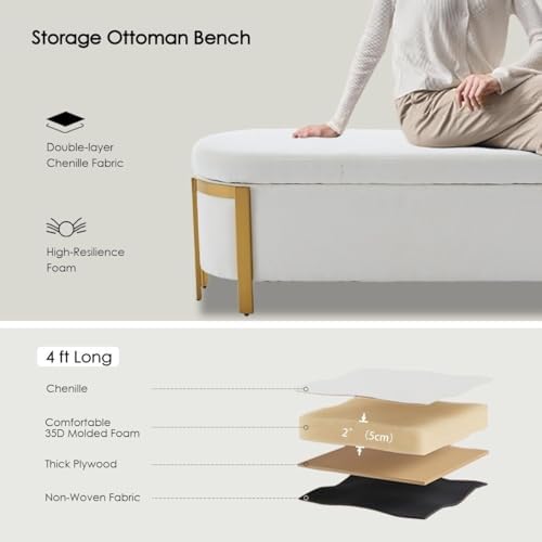 hyfirm 48" white chenille storage bench with gold showing dimensions
