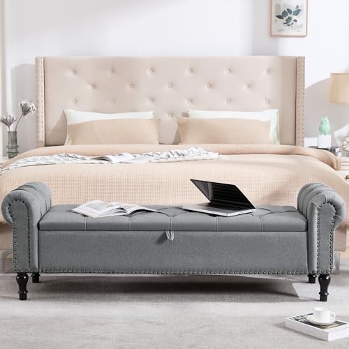 67 inch storage bench for bedroom, linen end, close-up detail