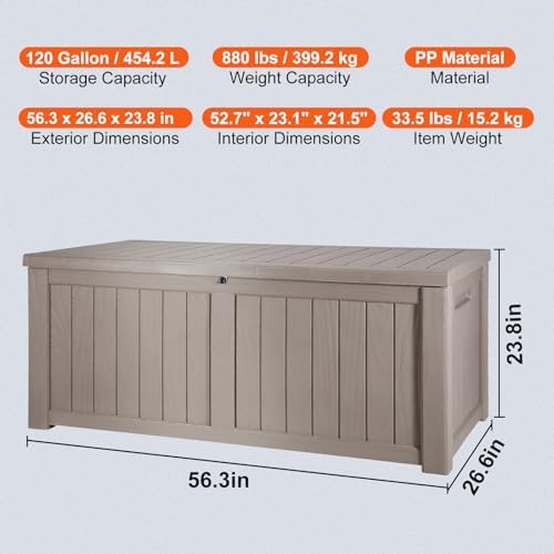 vevor deck box, 120 gallon outdoor storage box on a desk or shelf