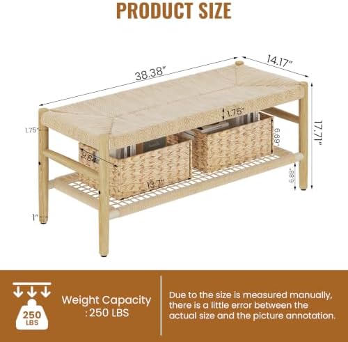 recaceik indoor entryway bench with paper cord ottoman, close-up detail