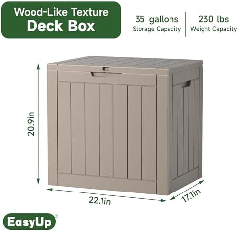 easyup outdoor storage box, waterproof resin deck box shown in use
