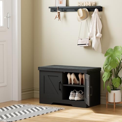 homsho farmhouse shoe storage bench with 2 barn shown in use