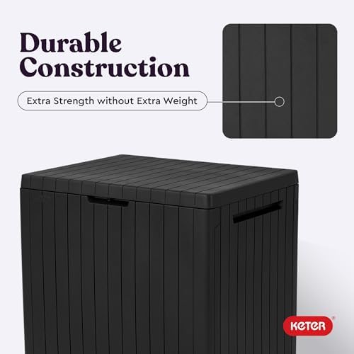 keter city 30 gal outdoor storage box and on a desk or shelf