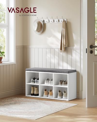 vasagle shoe bench with cushion, 6 compartments, 3 shown in use