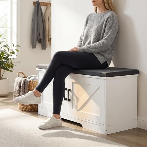 homsho farmhouse shoe storage bench with 2 barn, side view