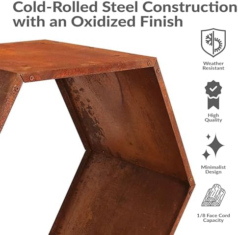 sunnydaze steel outdoor firewood rack, 30” w, hexagon, close-up detail