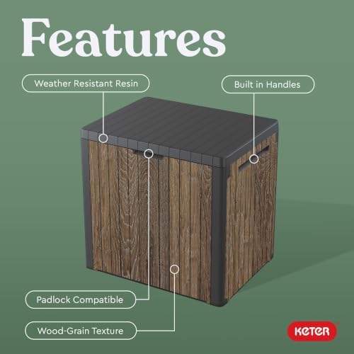 keter premium everwood 30 gal outdoor storage box, side view