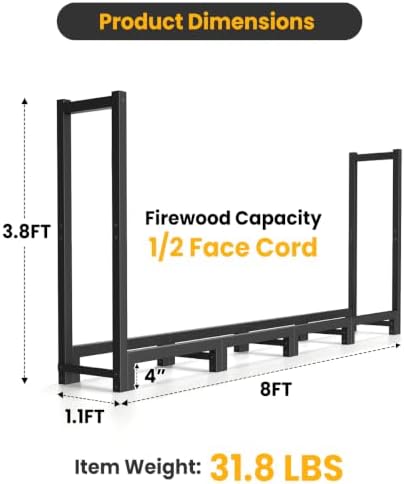 8ft firewood rack outdoor indoor, upgraded heavy duty, package contents
