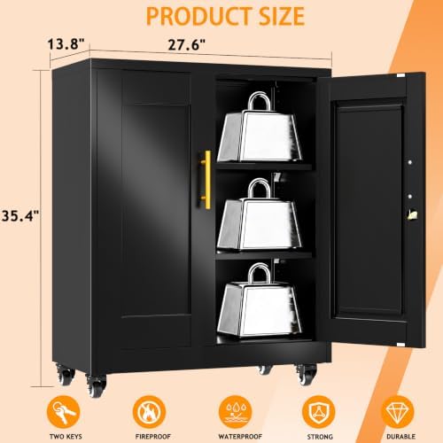 small metal storage cabinet with wheels, lockable tool shown in use