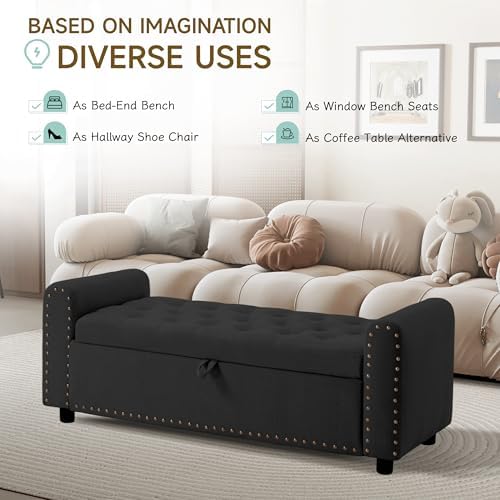 ottoman with storage, tufted storage bench for bedroom showing dimensions