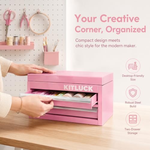 kitluck mini metal tool box, 2-drawer top chest showing dimensions