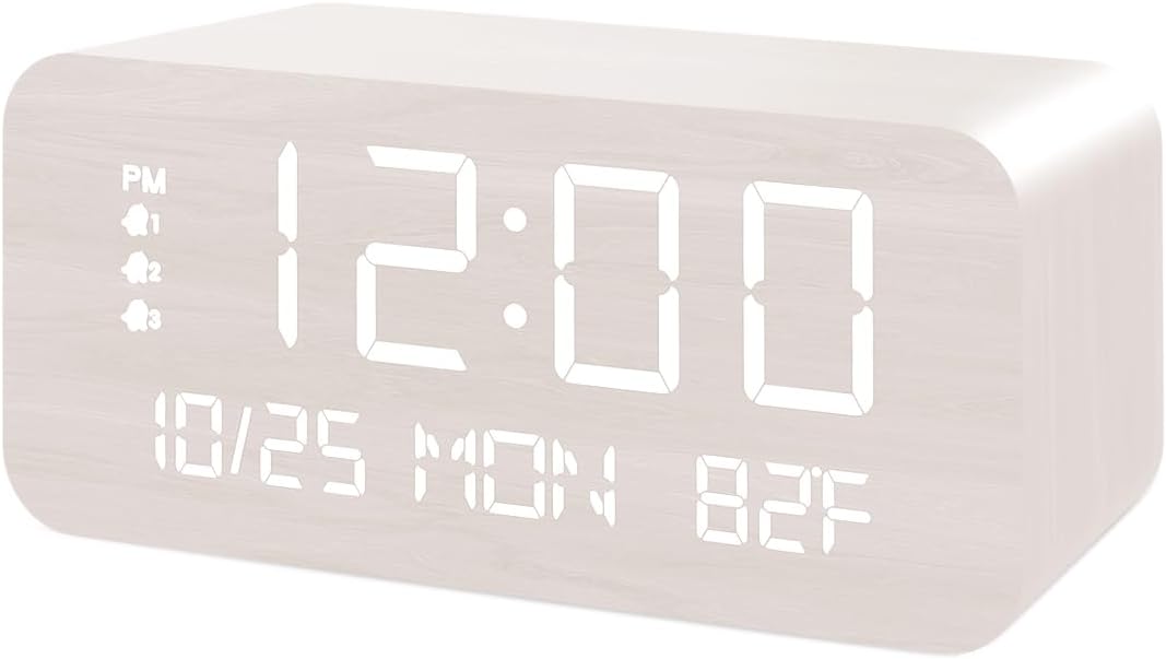 JALL Digital Alarm Clock, with Wooden Electronic LED Time Display, 3 Alarm - Image 2