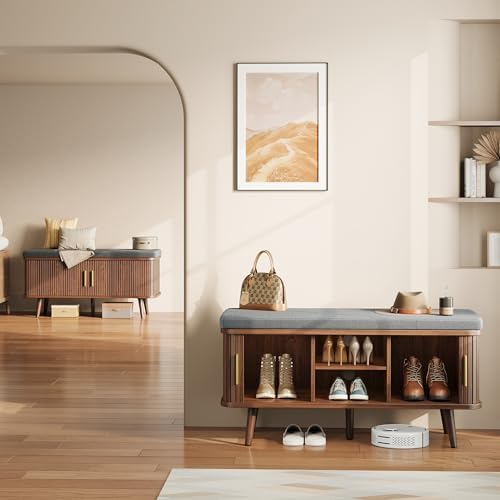 decofy shoe storage bench with cushion and sliding, front angle view