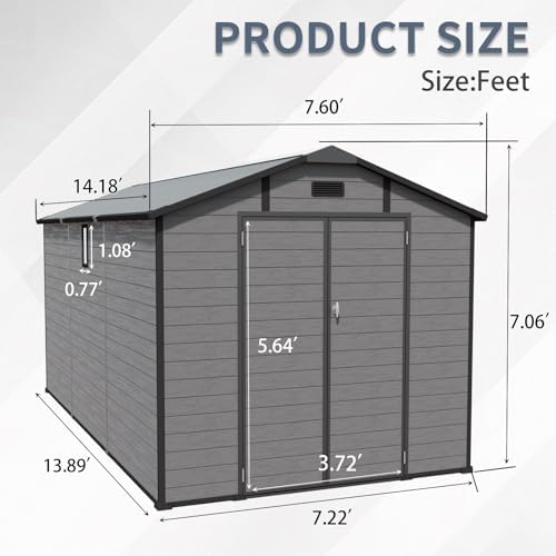 jt 8x14 ft resin storage shed, outdoor tool shown in use