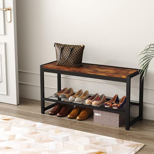 homefort shoe bench, modern industrial shoe storage bench showing dimensions