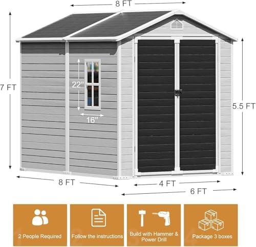 restland 6x8 ft resin storage shed with floor shown in use