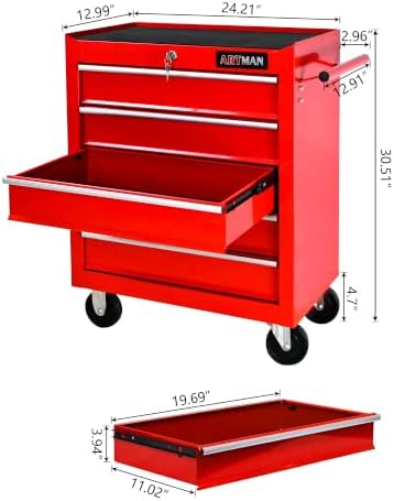5 drawers rolling tool chest on wheels, multifunctional, close-up detail