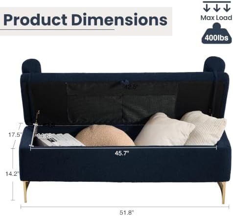52" storage bench for bedroom upholstered end of, close-up detail