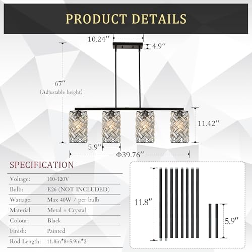 CATINER 40" Black Crystal Linear Chandelier, 4-Light Kitchen Island Pendant | 40-inch black crystal linear chandelier with adjustable height, 4 E26 lights, dimmable for kitchen islands and dining rooms