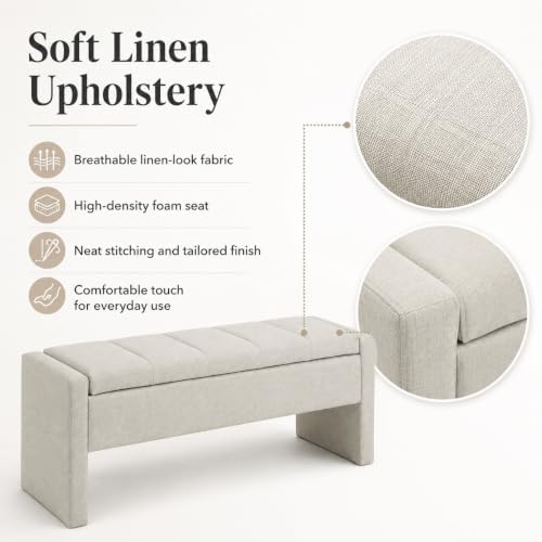 47.25 inch storage ottoman bench, linen upholstered, light, close-up detail