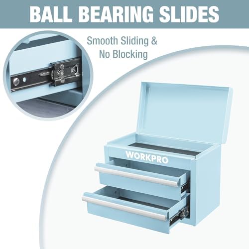 workpro metal mini tool box with 2 drawers, side view