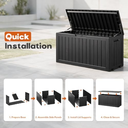 92 gal deck box,waterproof resin outdoor storage gas, front angle view
