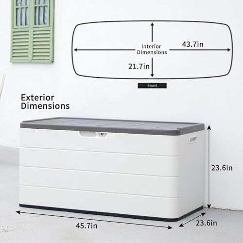 outdoor storage box waterproof, 100 gallon lockable resin on a desk or shelf