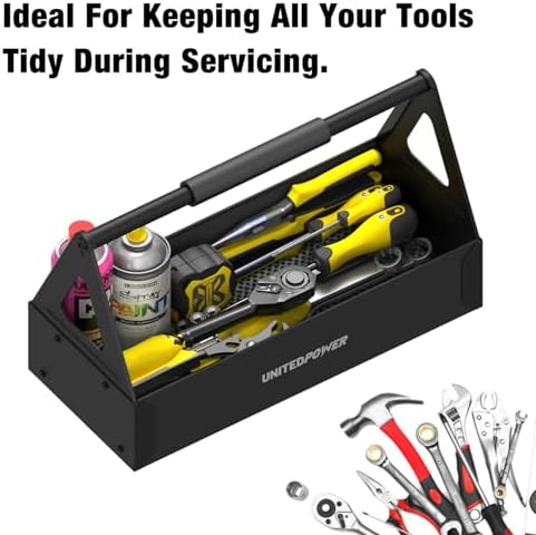 unitedpower handy tool box, portable metal tote tray, front angle view