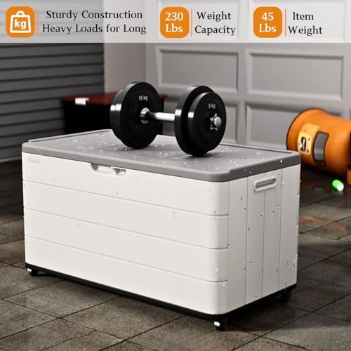 zzm 110 gallon outdoor deck box with wheels shown in use