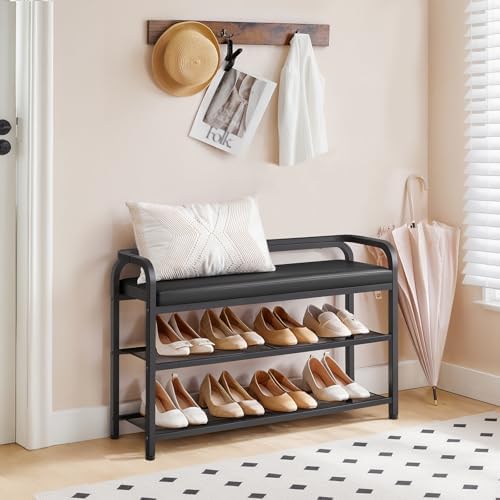 yatiney shoe bench with backrest, 35.4" long entryway shown in use