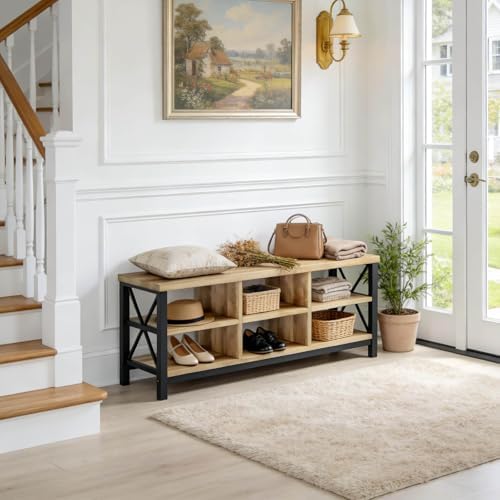 fatorri shoe bench entryway with storage, industrial wood, front angle view