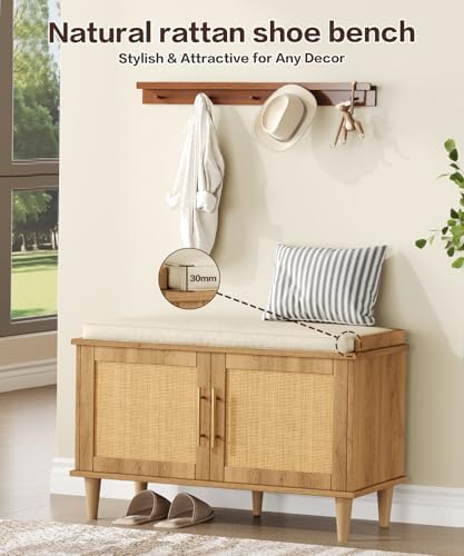 akxomel 31.5" rattan shoe storage bench 2 doors, side view