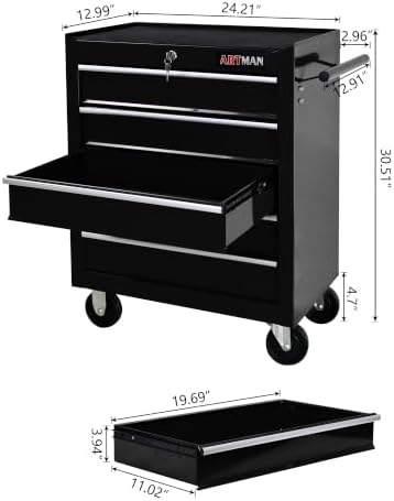 5 drawers rolling tool chest on wheels, multifunctional, close-up detail
