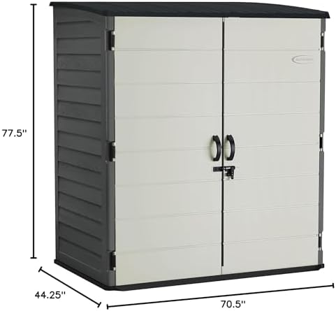 suncast xl vertical storage shed, 106 cu ft shown in use
