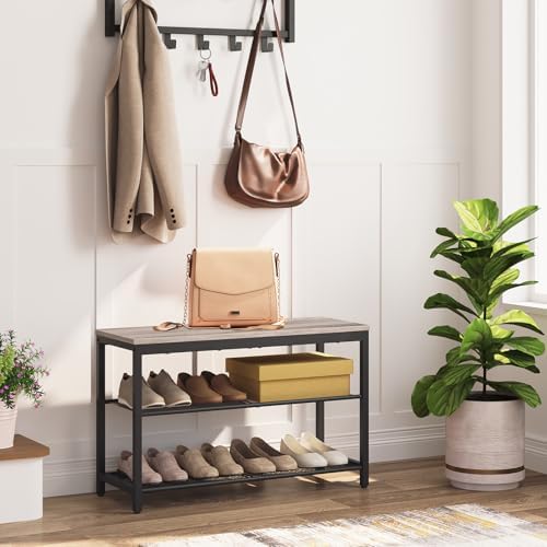 hoobro shoe bench, 3-tier shoe rack,industrial shoe organizer, side view