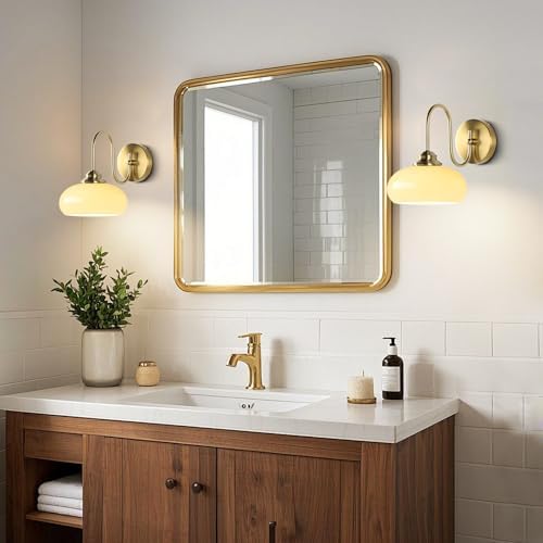 KCO Brass Gold 7.9” Vintage Cream Yellow Dome Glass Wall Sconces Set of 2 | E26 Base Hardwired, Up/Down Mounted, Mid Century Modern Gooseneck Wall Lamp for Bathroom Vanity Bedroom Hallway Entryway Bar
