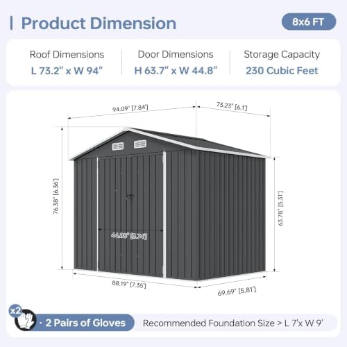 8x6ft outdoor storage shed black shown in use