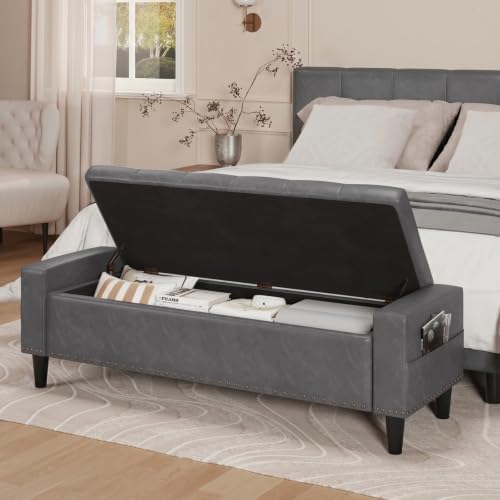 60" storage ottoman bench, faux leather upholstered bed, close-up detail