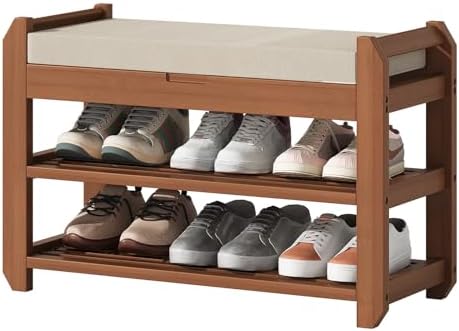 27.6" entryway shoe rack bench with cushion, 2-tier, front angle view