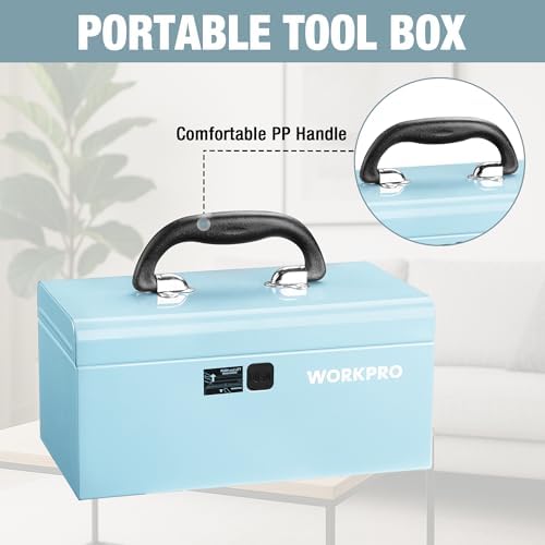 workpro 10.8" mini metal tool box with removable, side view