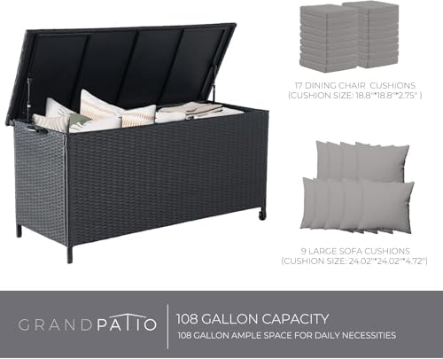 grand patio 108 gallon deck storage box indoor shown in use