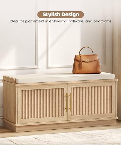 akxomel 39.4" fluted shoe storage bench 2 doors, close-up detail