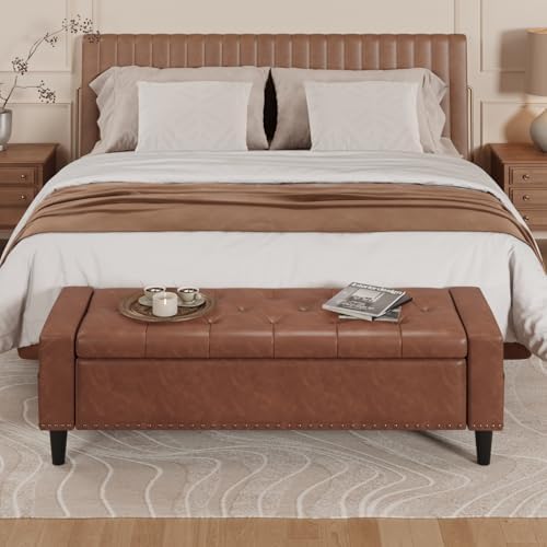 60" storage ottoman bench, faux leather upholstered bed, side view