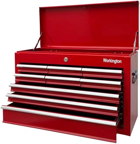 workington portable metal tool chest with 9 drawers shown in use